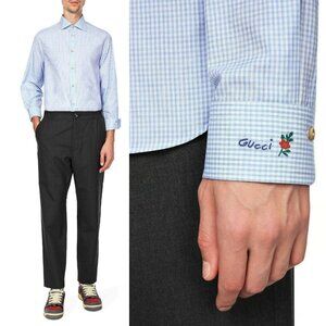 GUCCI SHIRT MENS BOXY WHITE BLUE CHECK PRINT COTTON LOGO EMBROIDERED